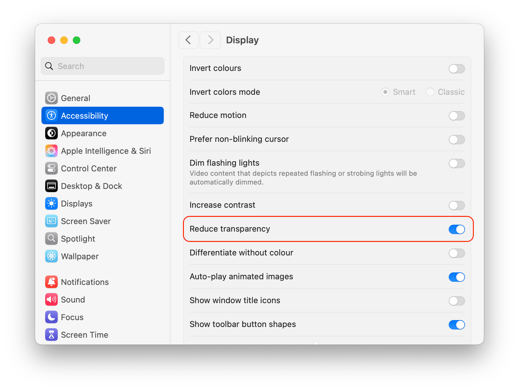 System Settings showing an option to reduce transparency