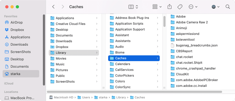 Finder window showing caches
