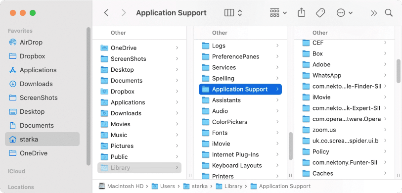 Library folder showing App Support folder