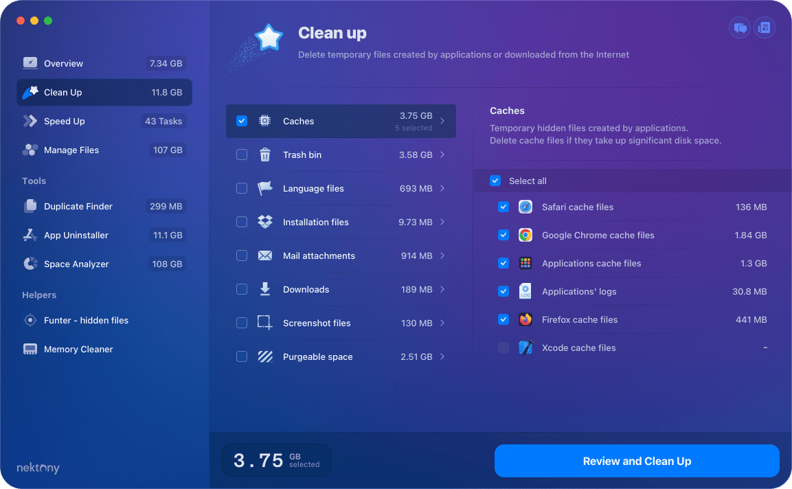 MacCleaner Pro showing cache files and other junk