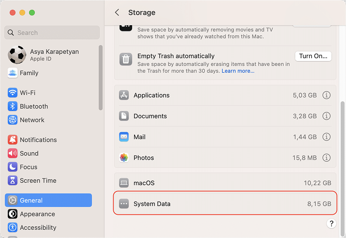 system setting window in macOS Ventura showing System Data