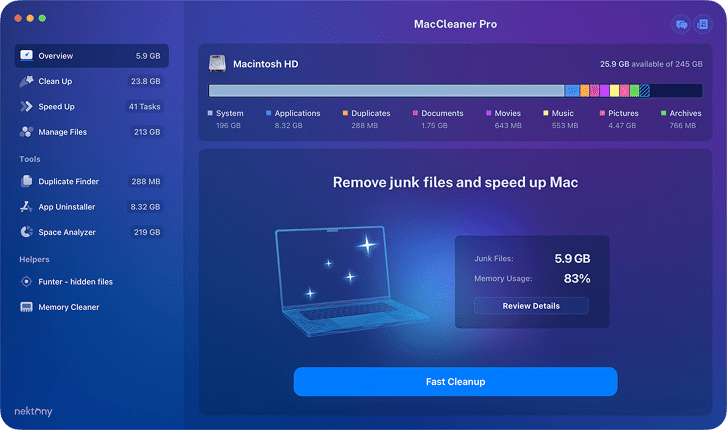Maccleaner window with disk usage panel highlighted