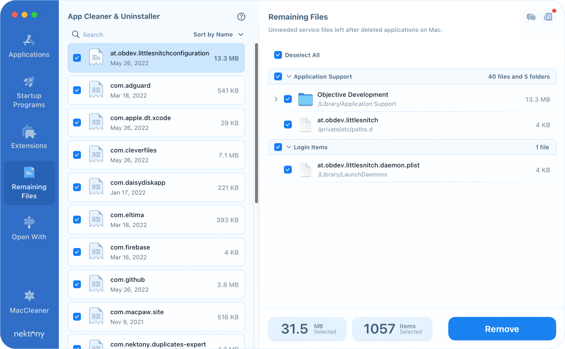 App Cleaner & Uninstaller showing remaining files of removed applications