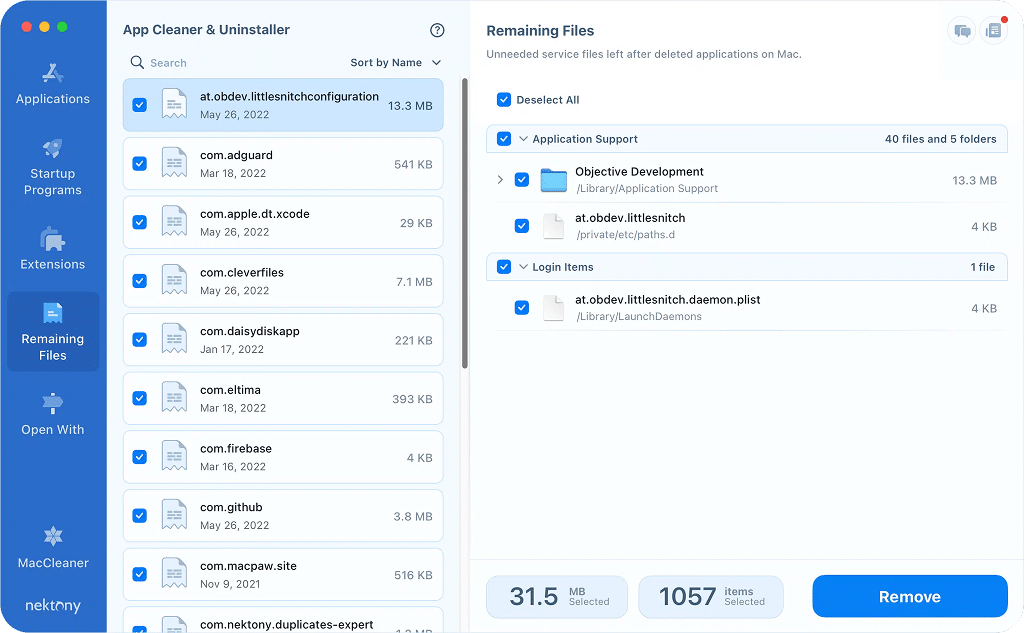 App Cleaner & Uninstaller showing remaining files