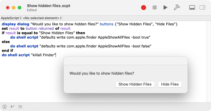 Apple Script window - show hidden files script