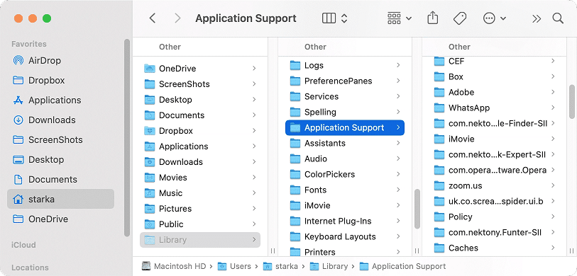 Finder window showing Application Support folder in the Library