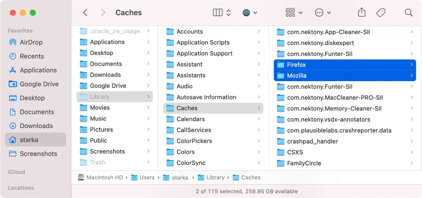 Finder window showing Firefox caches in the Library folder