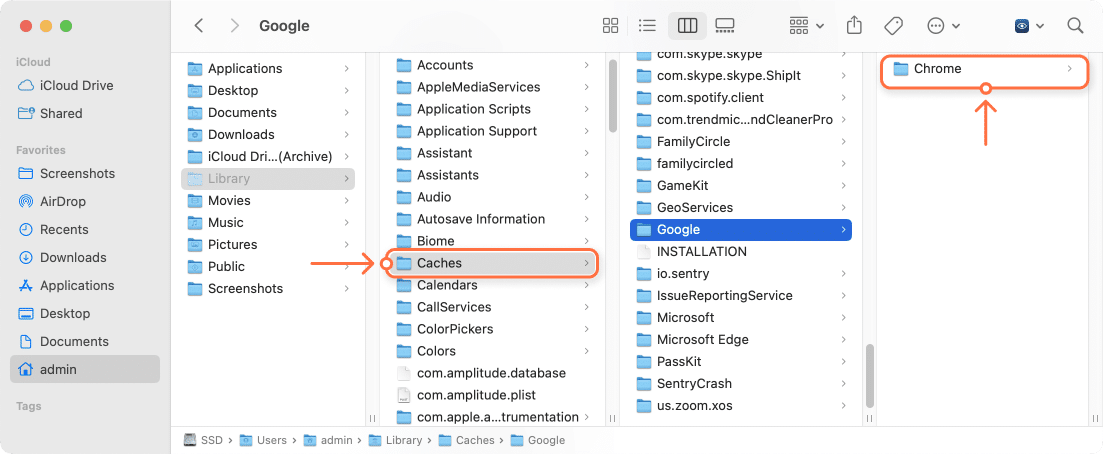 Library folder showing Chrome cache files