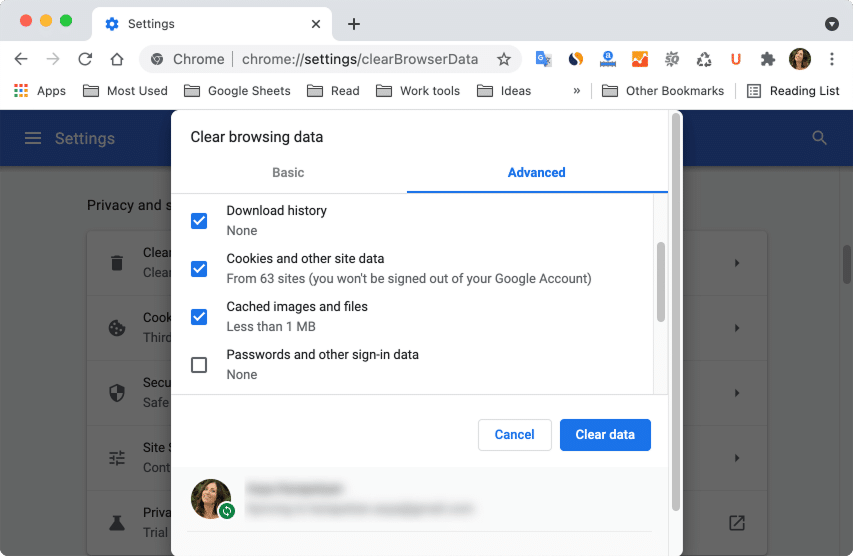 Google preferences showing a popup to clear cache