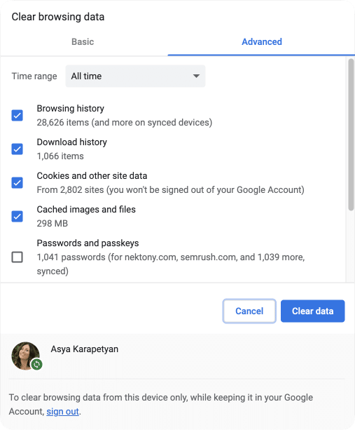 Clearing browser data window