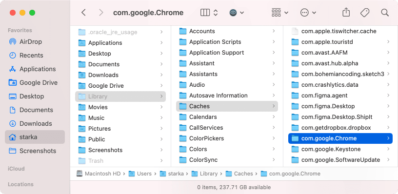 Finder showing the Caches folder in Library
