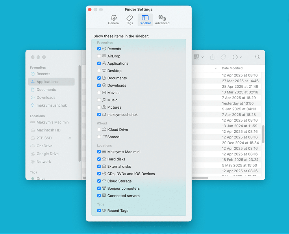 Finder settings window