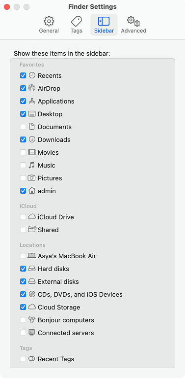 Finder Preferences with Hard disks highlighted