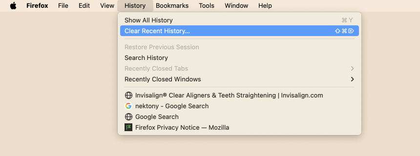 Clear Recent History option in Firefox menu bar