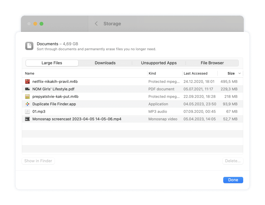A list of large files on Mac