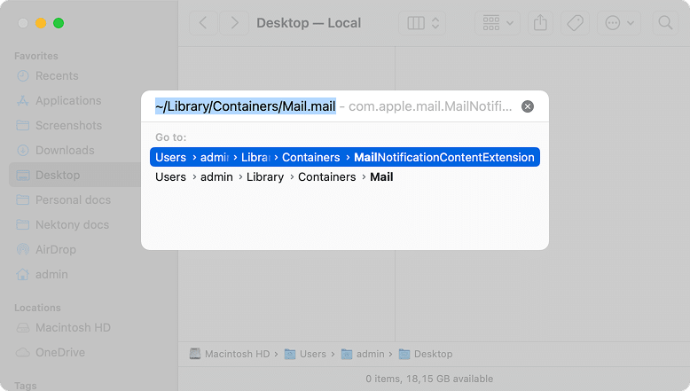 Go to the folder search field showing the Mail downloads directory