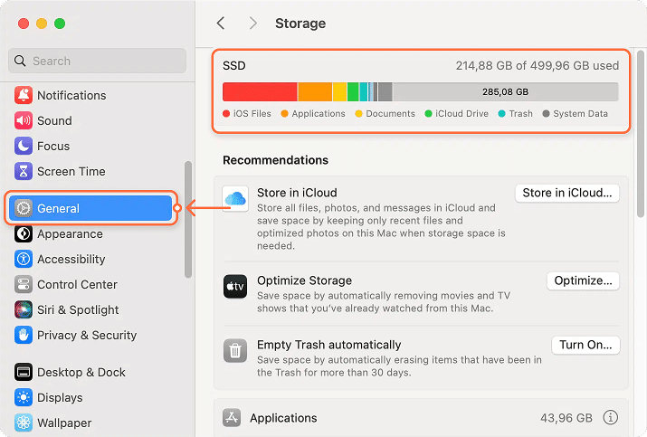 System settings window showing storage