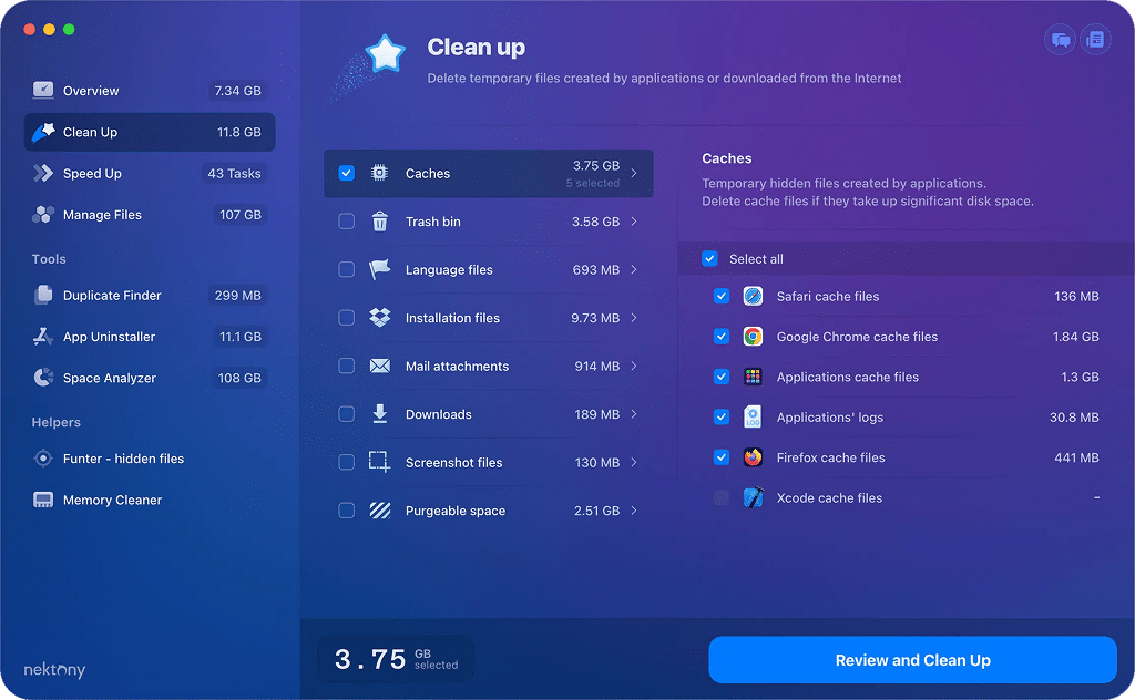MacCleaner Pro with caches highlighted