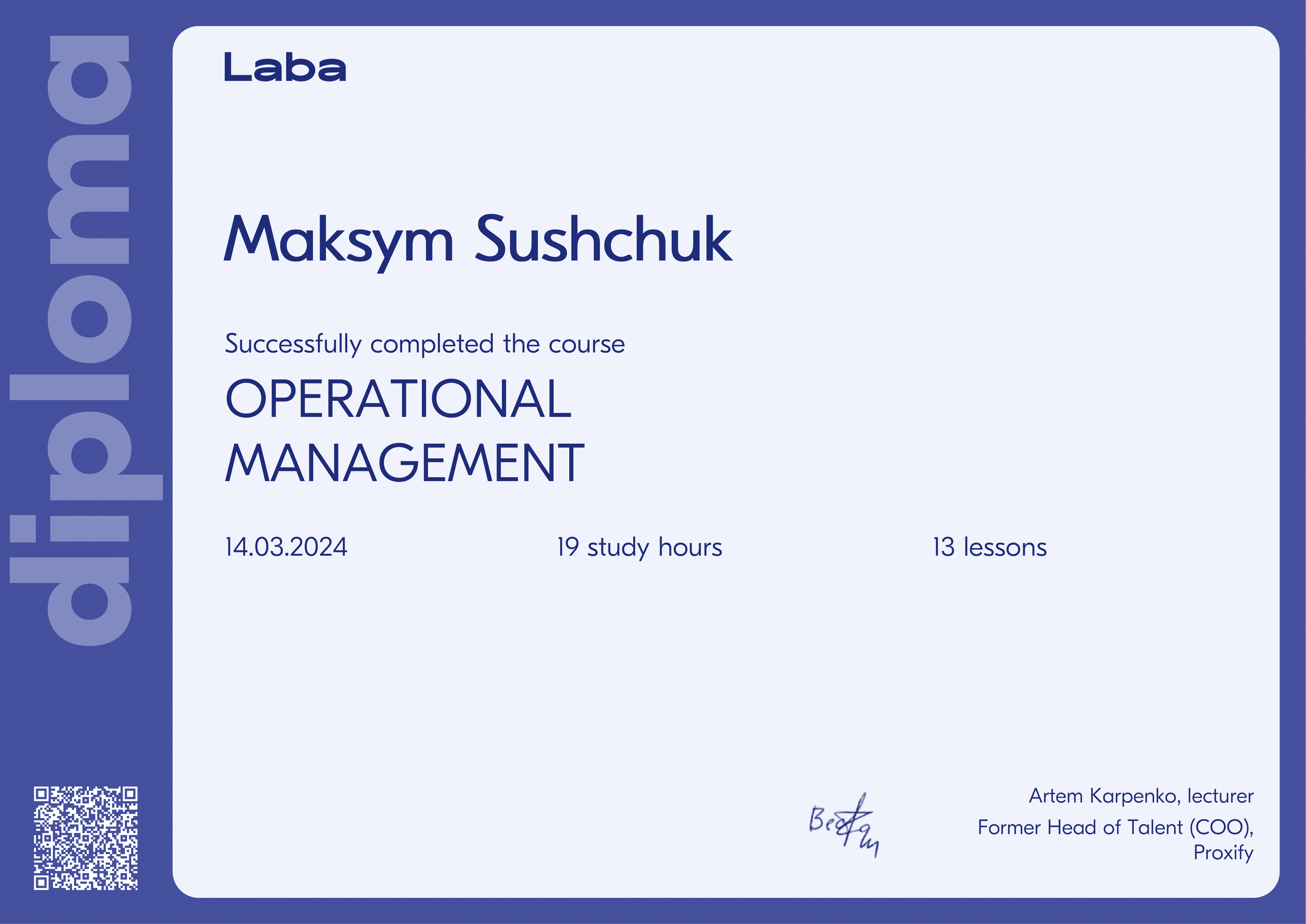 Certificate awarded to Maksym Sushchuk for completing the course 'Operational Management'