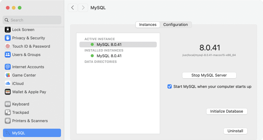 MySQL in System Settings