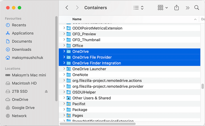 OneDrive items in the Containers folder