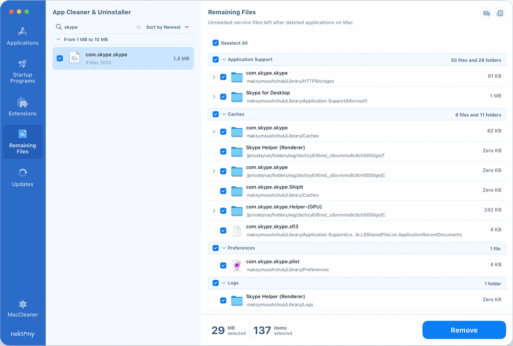 Skype remaining files