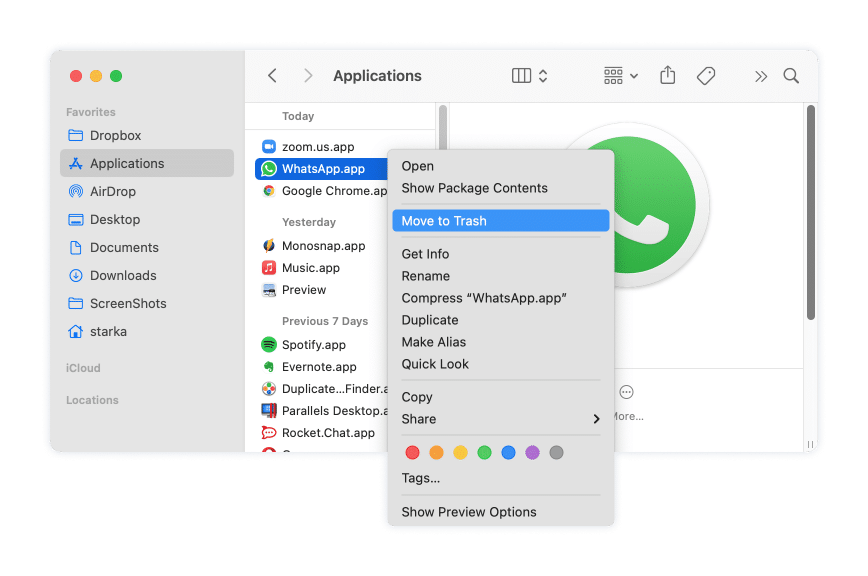 removing WhatsApp from the Applications folder