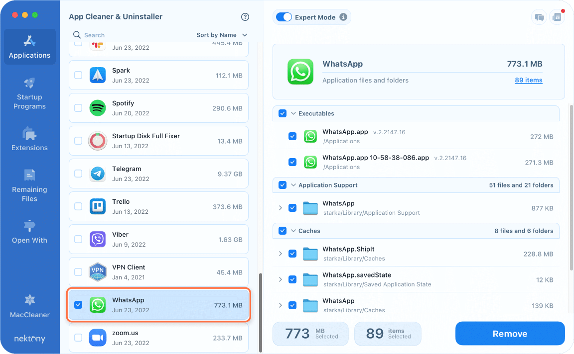 WhatsApp application selected for complete removal with App Cleaner & Uninstaller