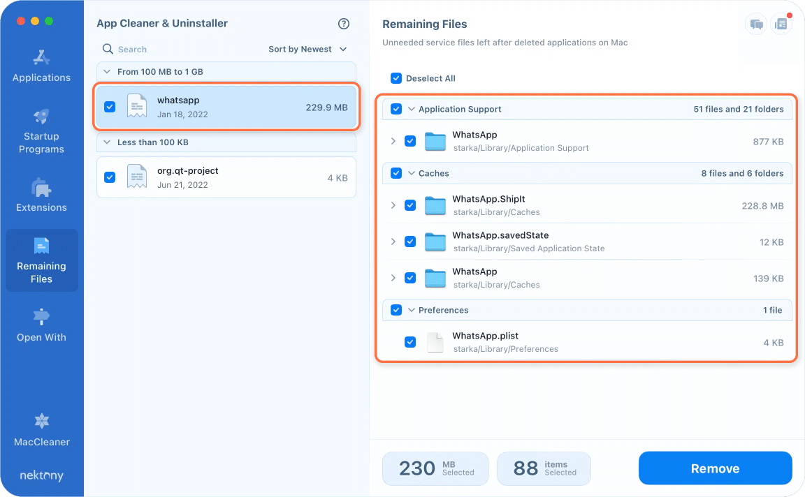 App Cleaner & Uninstaller showing the WhatsApp's remaining files