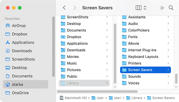Finder window showing the Screen Savers folder