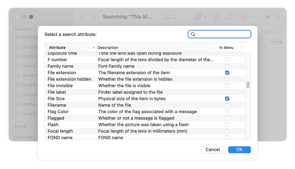 Search attribute window for Smart folder