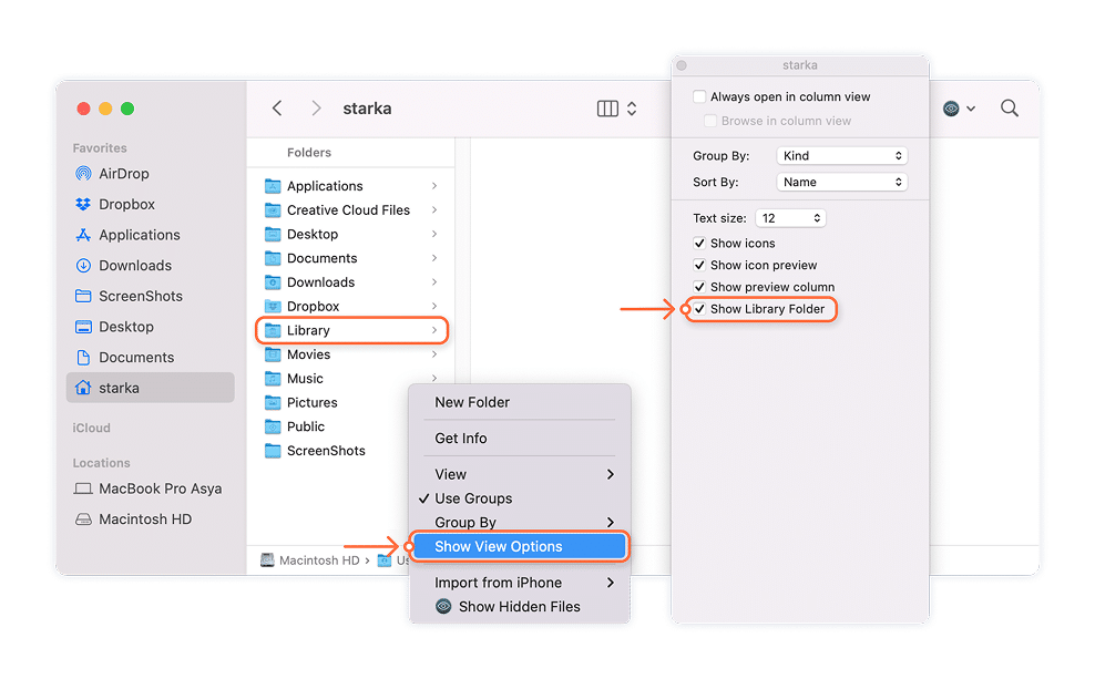 View options preferences for Finder showing how to unhide Library