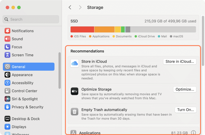 Recommendations section in Manage space window