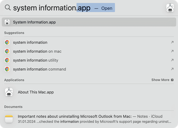 System Information in Spotlight