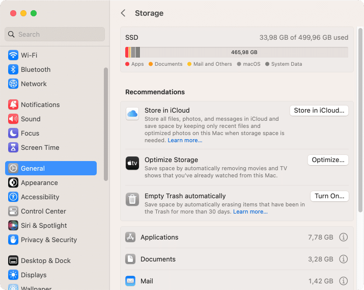 Storage usage recommendations in System Settings