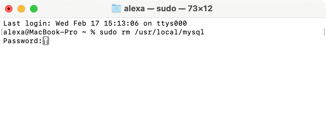 Terminal window showing command to remove MySQL