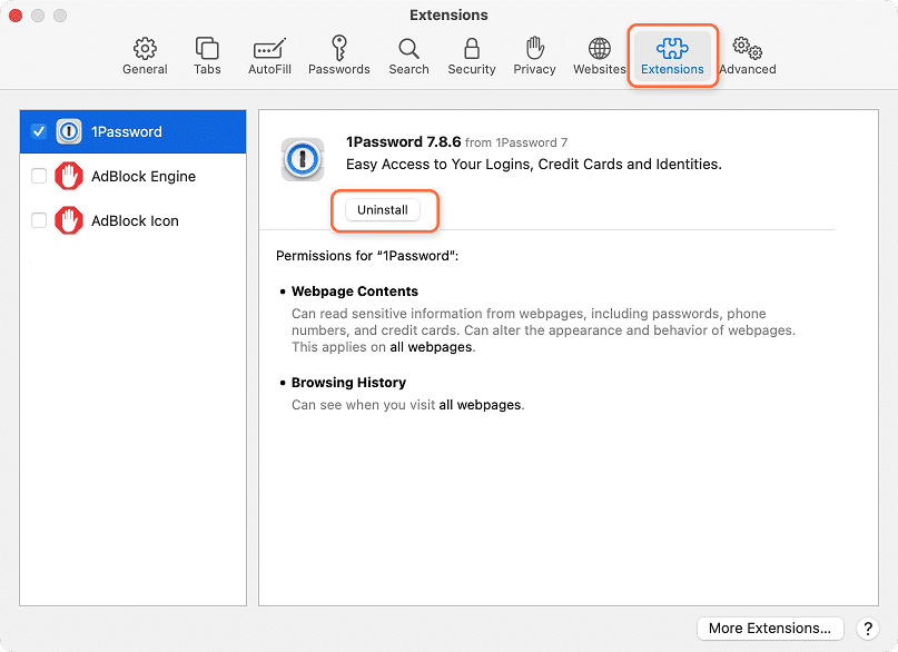 Safari Preferences window showing how to uninstall extensions