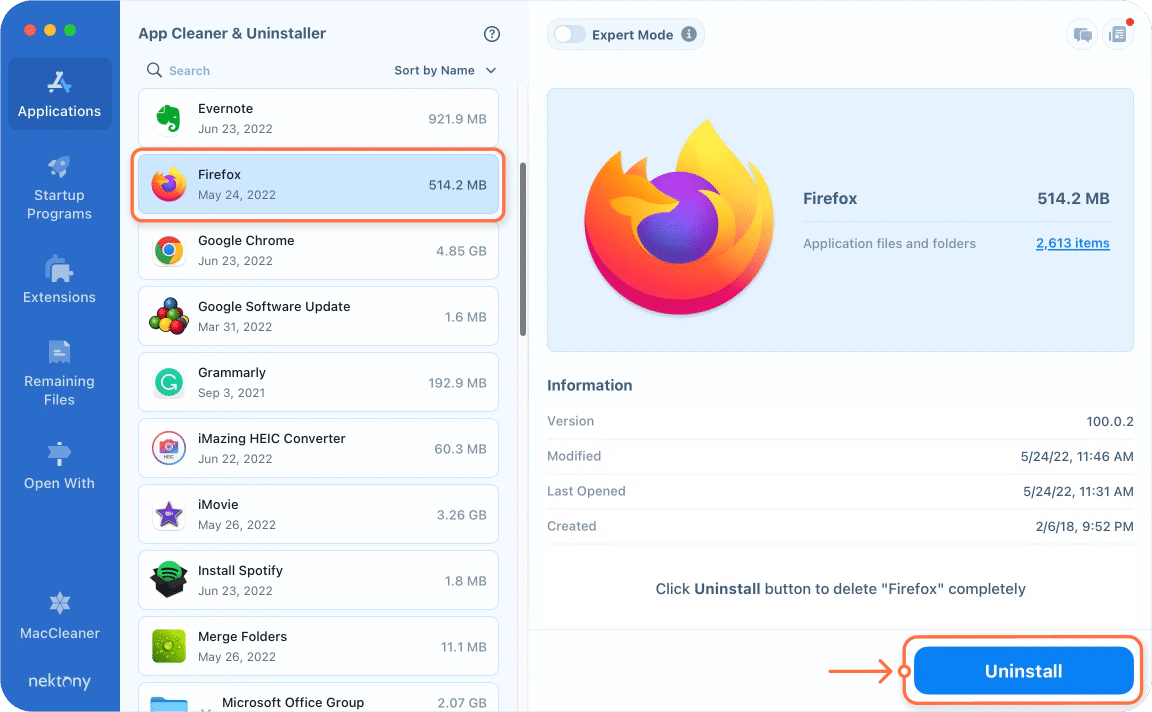 App Cleaner & Uninstaller showing Firefox