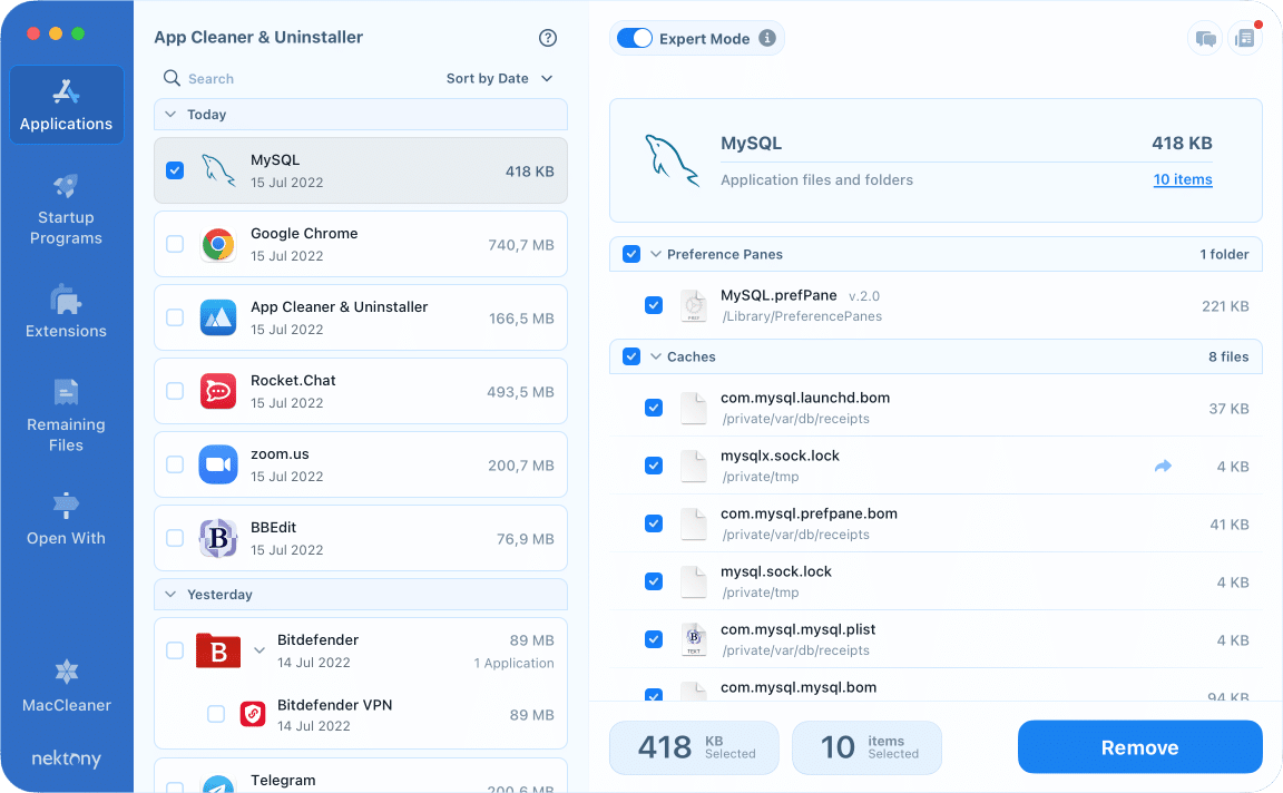 App Cleaner & uninstaller showing MySQL app and its service files