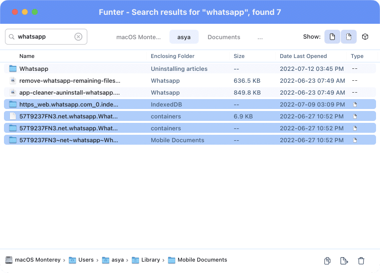 Funter window showing the list of WhatsApp service files
