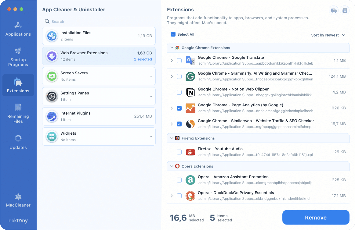 App Cleaner & Uninstaller - Extensions section