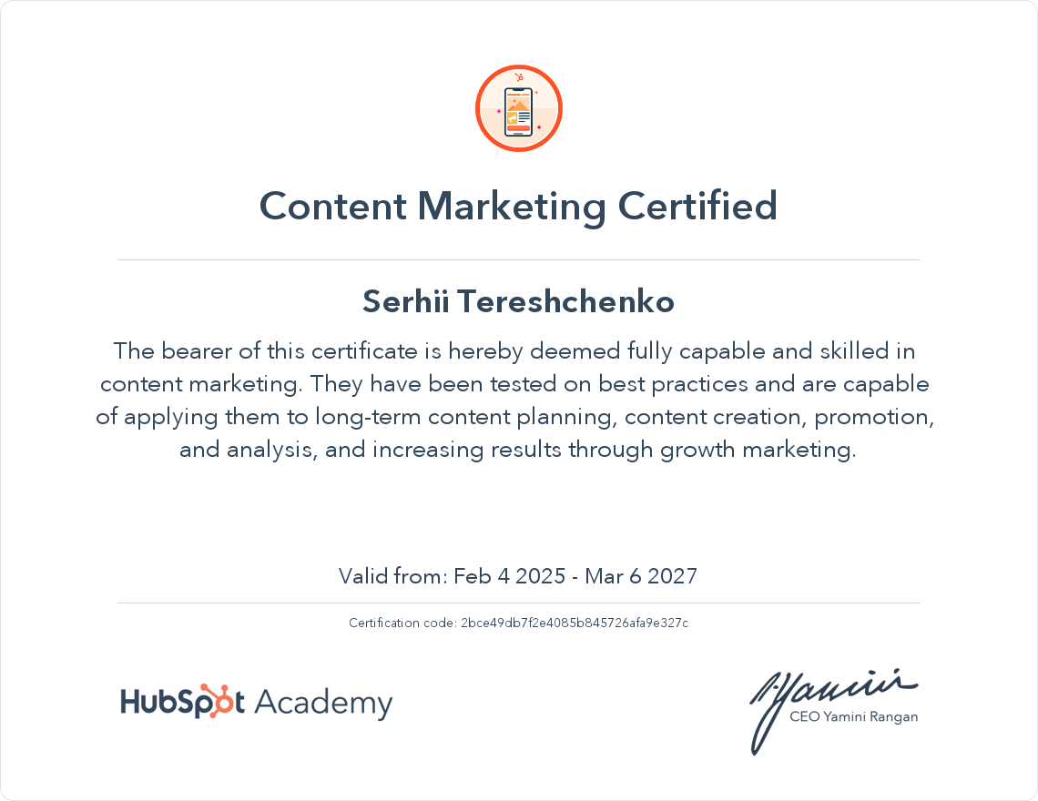 Certificate awarded to Sergio Tereshchenko for completing the course 'Content Marketing Certification'
