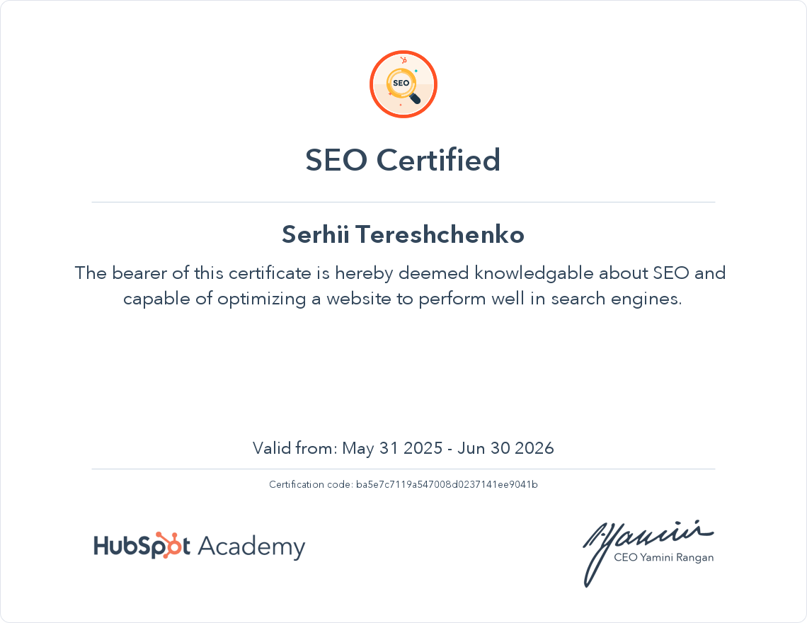 Certificate awarded to Sergio Tereshchenko for completing the course 'SEO Certification'