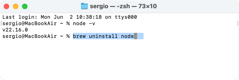 Terminal window showing a command to uninstall Node
