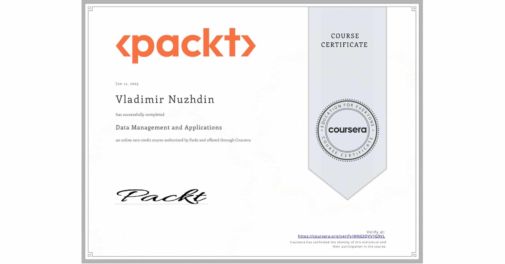 Certificate Vladimir Nuzhdin For complete the course 'Data Management and Applications'