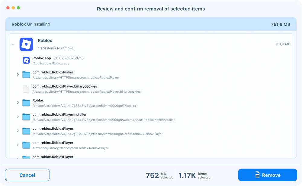 Roblox file review in App Cleaner & Uninstaller