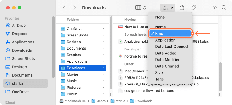 Sorting files in Downloads by kind