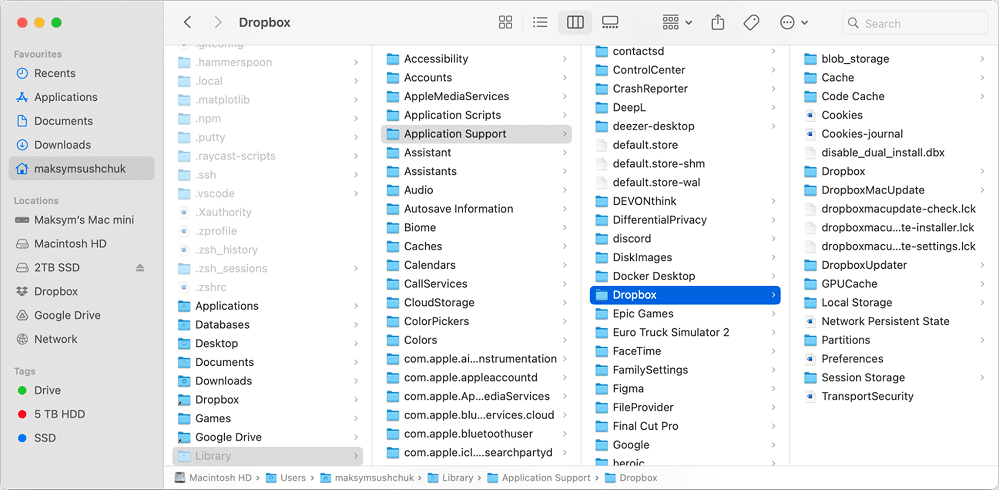 Dropbox files in the Application Support folder