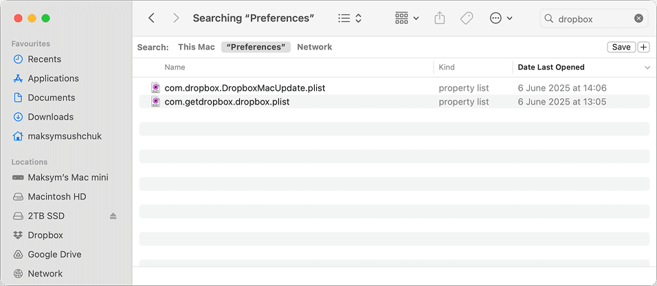 Dropbox files in the Preferences folder