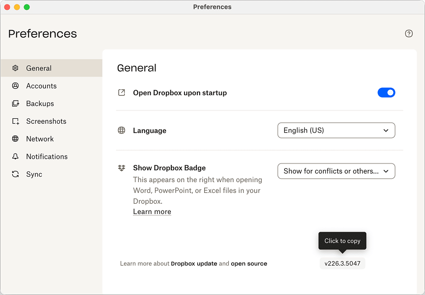 the Dropbox Preferences screen with version